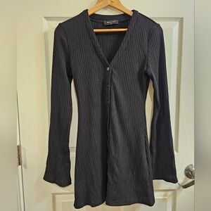 Black Flared Sleeve Ribbed Mini Dress